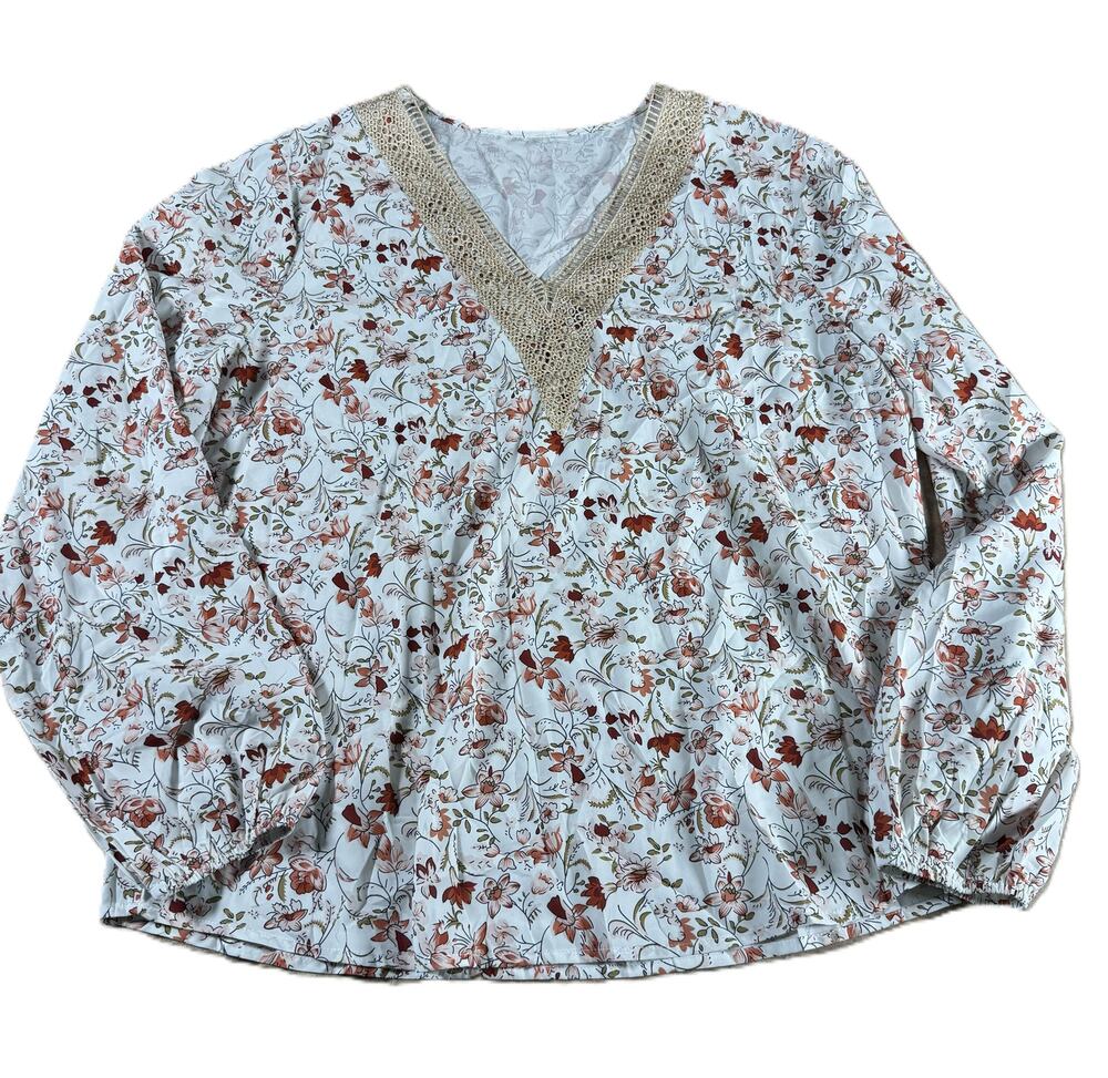 Women's Large Ivory Floral Crochet Lace V Neck Boho Peasant Blouse Romantic